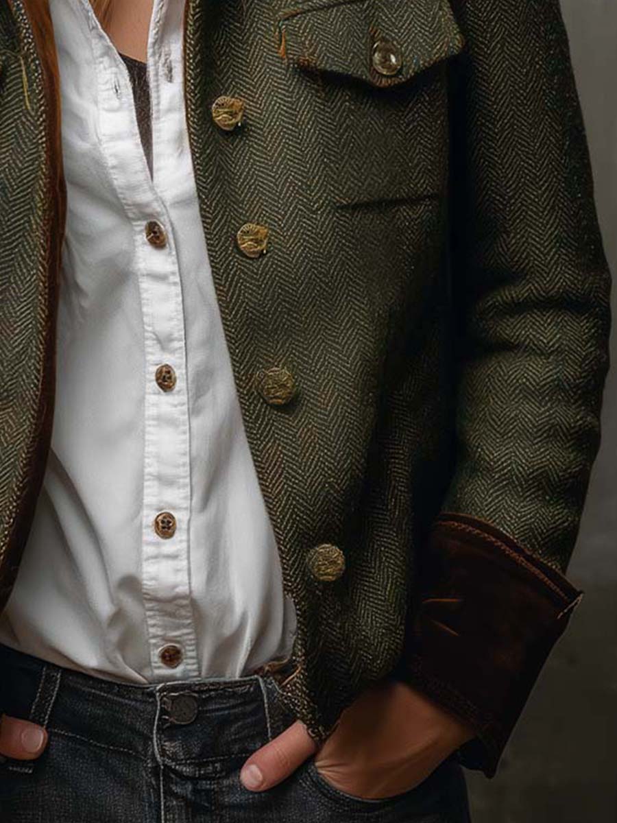 Blazer Vintage de Espiga con Ribetes en Contraste
